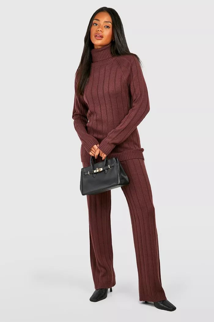 Wide Rib Roll Neck & Trouser Knitted Co-ord | Boohoo.com (UK & IE)