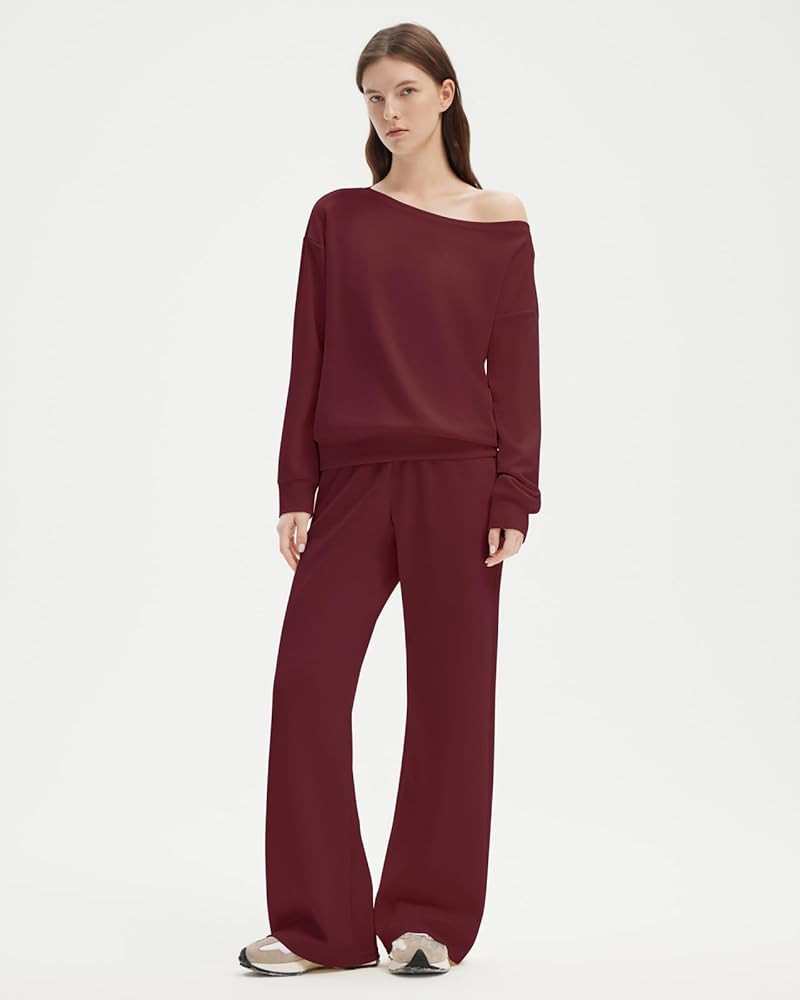 SUUKSESS Women 2 Piece Lounge Matching Set Off Shoulder Sweatshirt Wide Leg Sweatpant | Amazon (US)