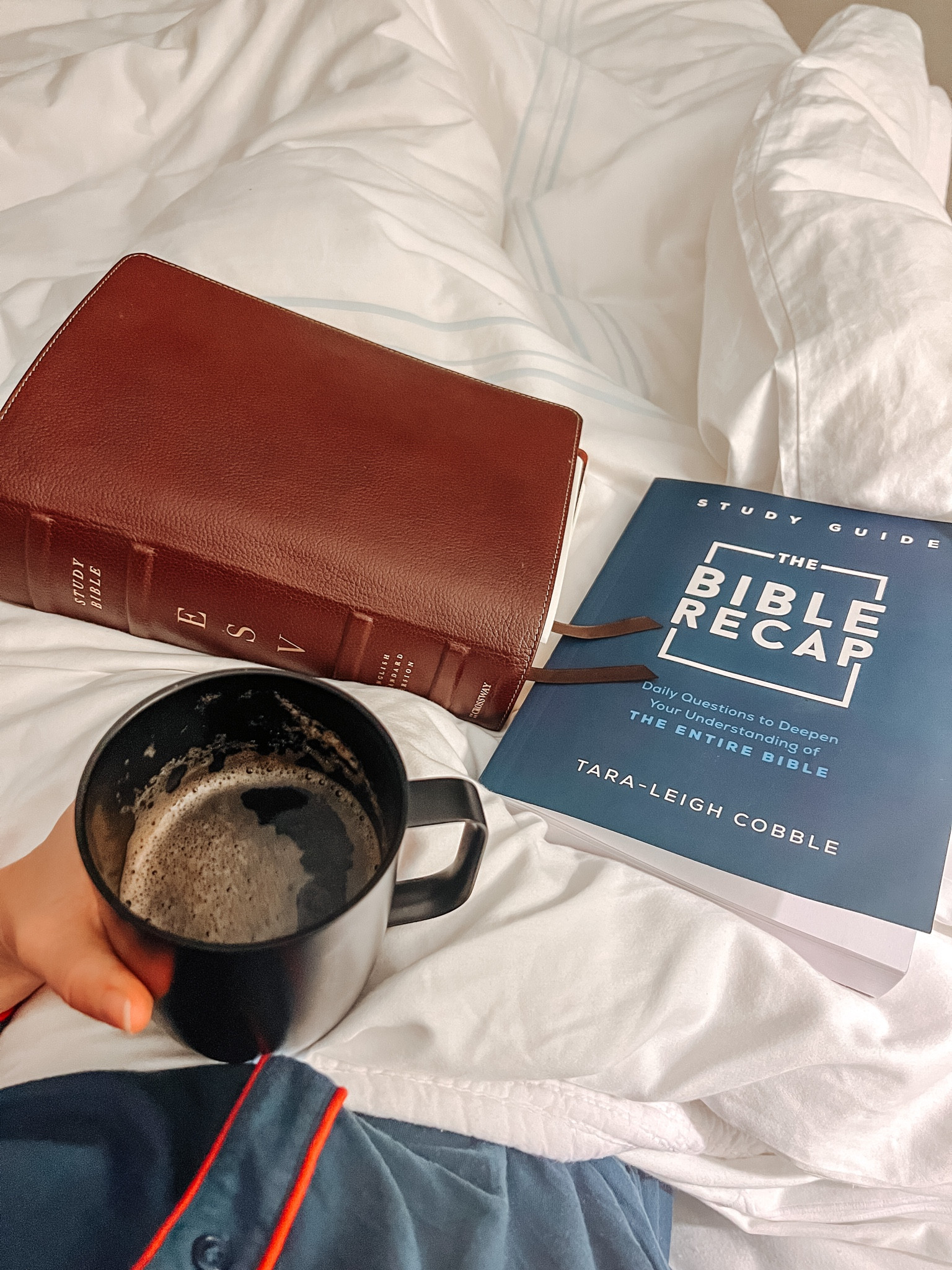 Morning routine. 

Bible, heated coffee mug, bedding and PJs

#LTKhome