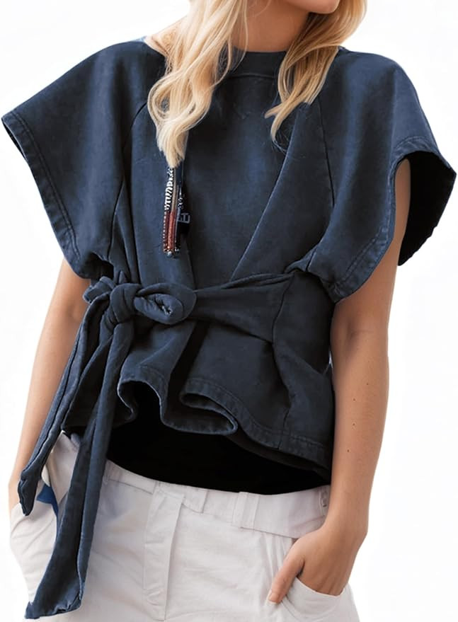 Womens Summer Short Sleeves Tee Shirts Workout Top Crewneck Tie Front Tops 2025 Sweatshirt Fashio... | Amazon (CA)