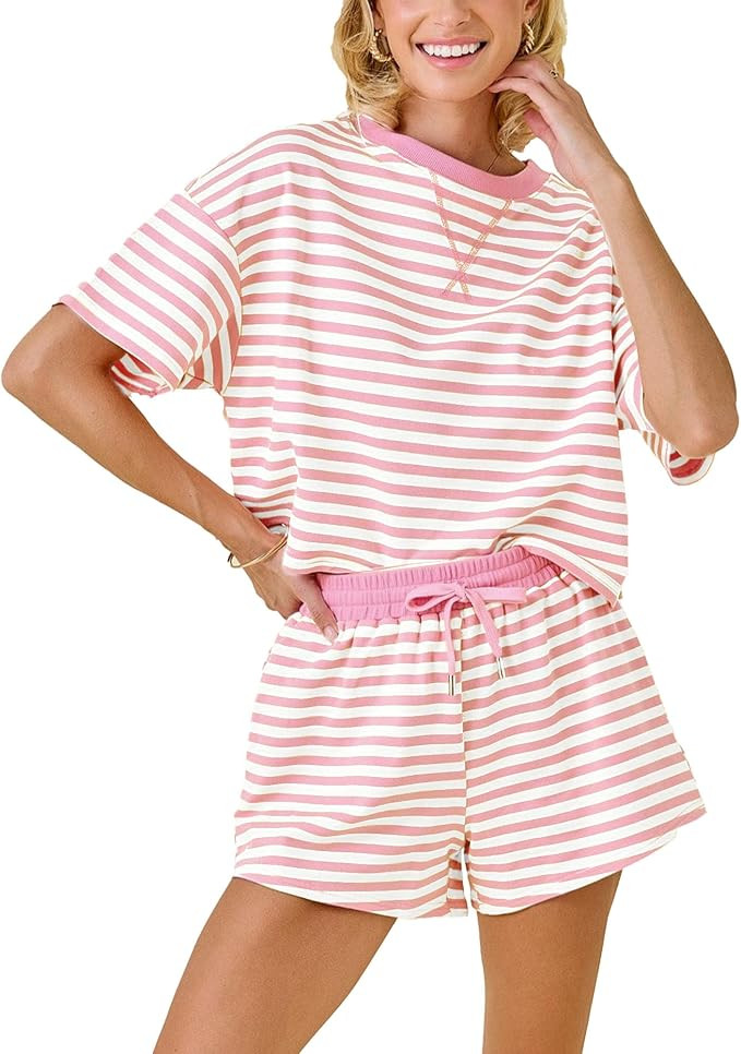 Colorful world Two Piece Sets for Women Striped Shorts Sets Short Sleeve Crew Neck Tops High Wais... | Amazon (US)