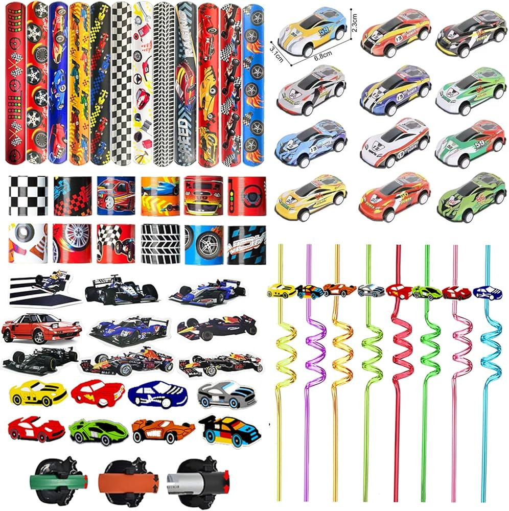 108PCS Race Car Party Favors Car Themed Birthday Party Goodie Bags Stuffers with Party Straw, Bub... | Amazon (US)