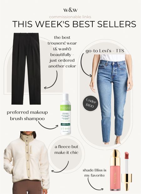 This week’s bestsellers!
Drapey trousers (size up for a looser fit)
Levi’s straight leg jeans
North Face fleece
Rare beauty blush
Makeup brush shampoo by eco tools 