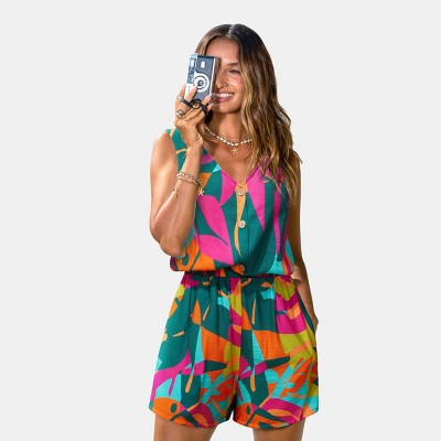 Cupshe Women's Romper Vibrant Print Button Front Playful-S-Multicolored | Target