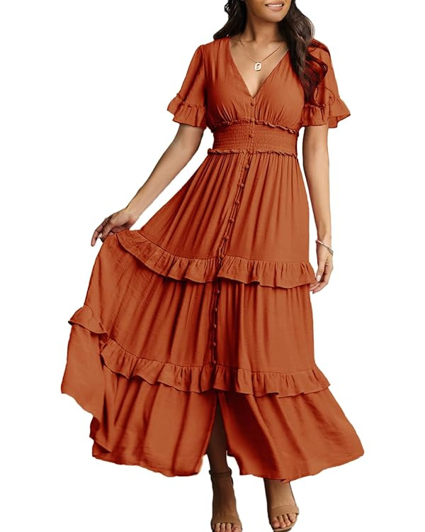 Amegoya Women's V Neck Long Sleeve Boho Maxi Dress Summer Wedding Guest Long Flowy Engagement Dre... | Amazon (US)