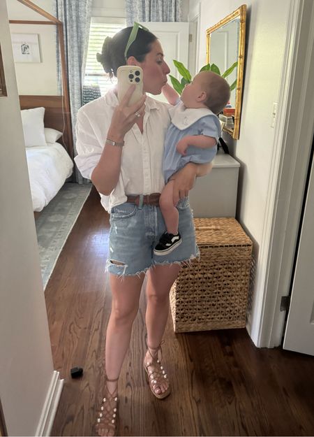 Easy mom OOTD! Spring outfit. Spring mom outfit. Jean shorts. White button down. Sandals. Lace up sandals. Mom and son. 