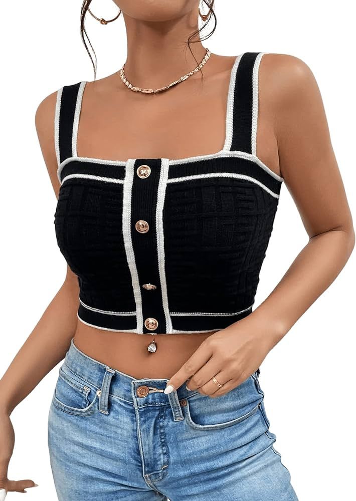 SweatyRocks Women's Sleeveless Ribbed Knit Spaghetti Strap Crop Cami Tank Top | Amazon (US)