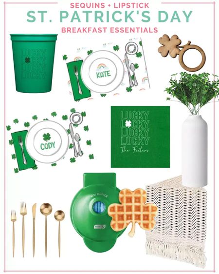 St Patrick’s day breakfast essentials! Custom placemats, cups, and napkins with a clover waffle makers makes for a great holiday tablescape

#LTKhome #LTKkids #LTKfamily