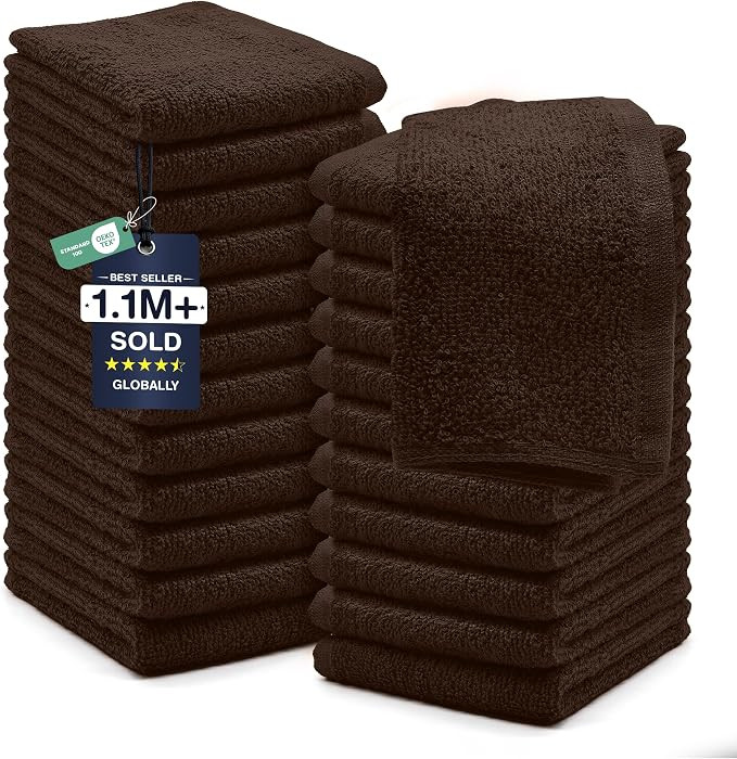 DAN RIVER 24 Pack Cotton Wash Cloths Set for Showering [12x12] Brown | Amazon (US)