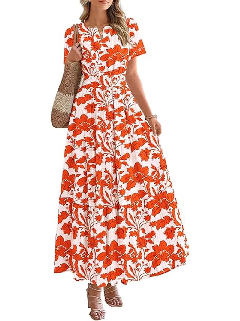 BTFBM Womens Summer Floral Maxi Dresses V Neck Short Sleeve Boho Casual Flowy Long Wedding Guest ... | Walmart (US)