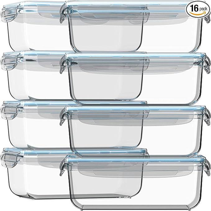 Glass Food Storage Containers with Lids 30 Oz 16 Pc (Set of 8) Airtight Large Reusable Leak Proof... | Amazon (US)