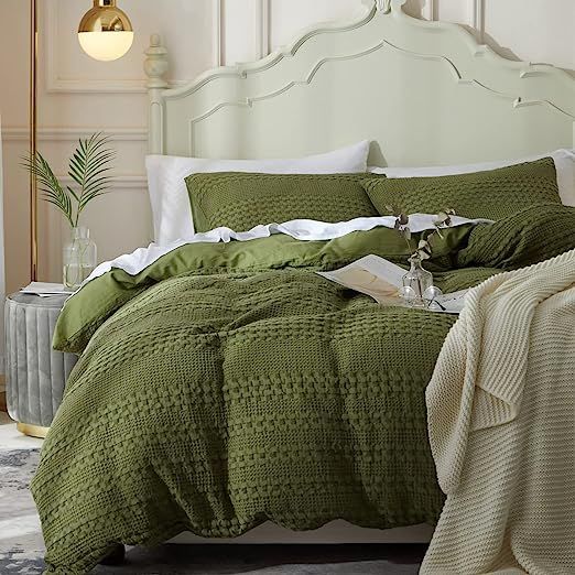 Ivellow Waffle Weave Duvet Cover Set 100% Cotton Duvet Cover Queen Boho Textured Olive Sage Green... | Amazon (US)