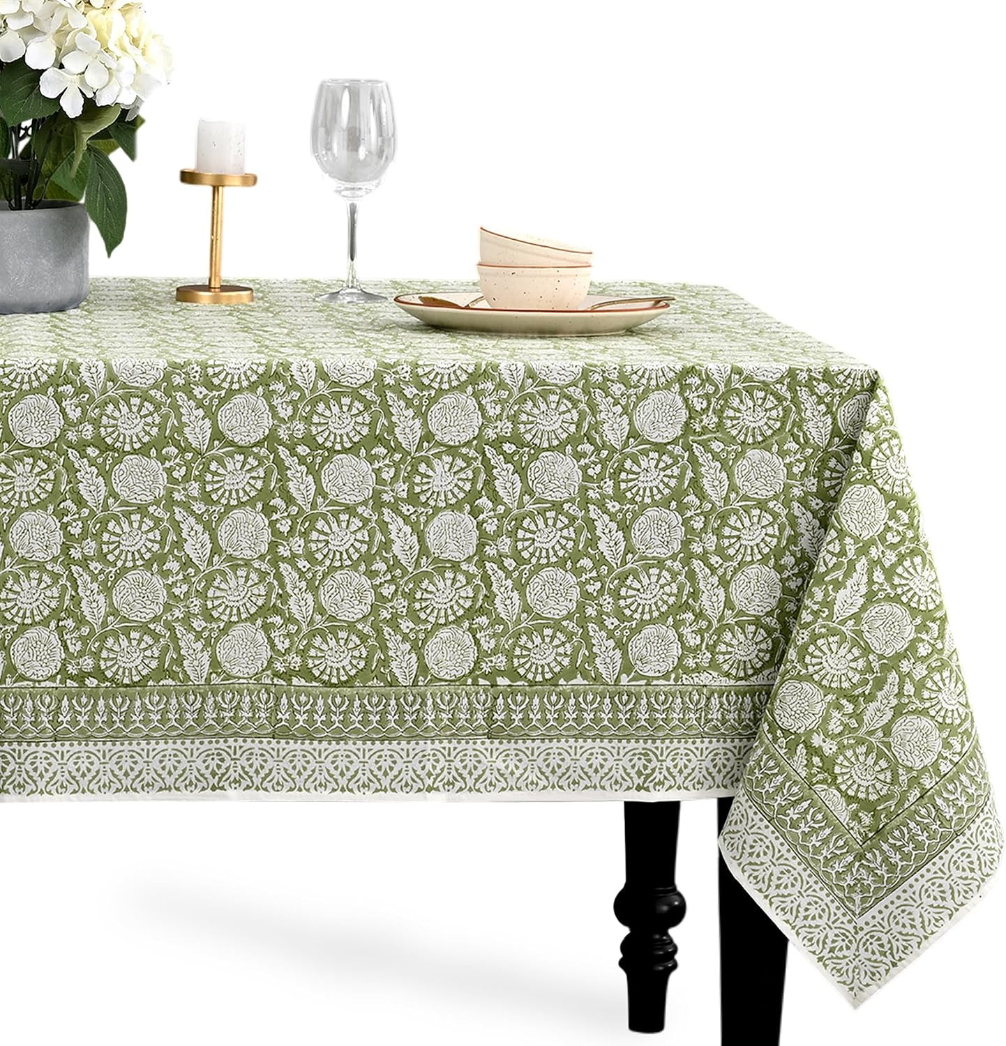 CPC Olive Bloom Block Print 100% Cotton Square Tablecloth 54x54 Inch | Amazon (US)