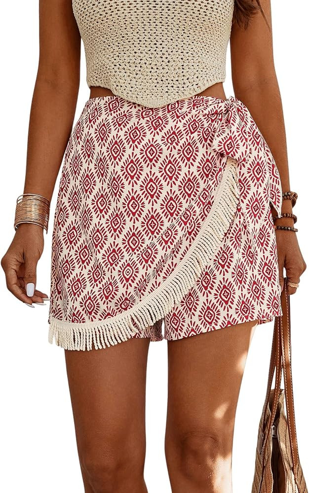 SweatyRocks Women's Boho Graphic Print Asymmetrical Hem Shorts Tassels Tie Side Skirt Shorts | Amazon (US)