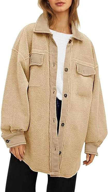 Fisoew Womens Oversized Long Sleeve Button Down Shirt Jacket Soft Comfy Casual Shacket Coats with... | Amazon (US)