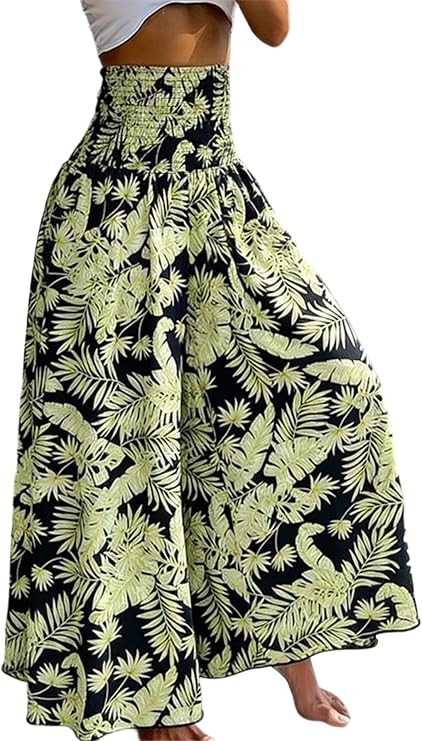 CHICME Boho Floral Shirred High Waisted Wide Leg Pants Flowy Palazzo Pants Summer Beach Vacation ... | Amazon (US)