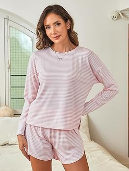 ANRABESS Womens Long Sleeve Pajama Sets 2025 Fall 2 Piece Outfits Lounge Matching Short Set Strip... | Amazon (US)