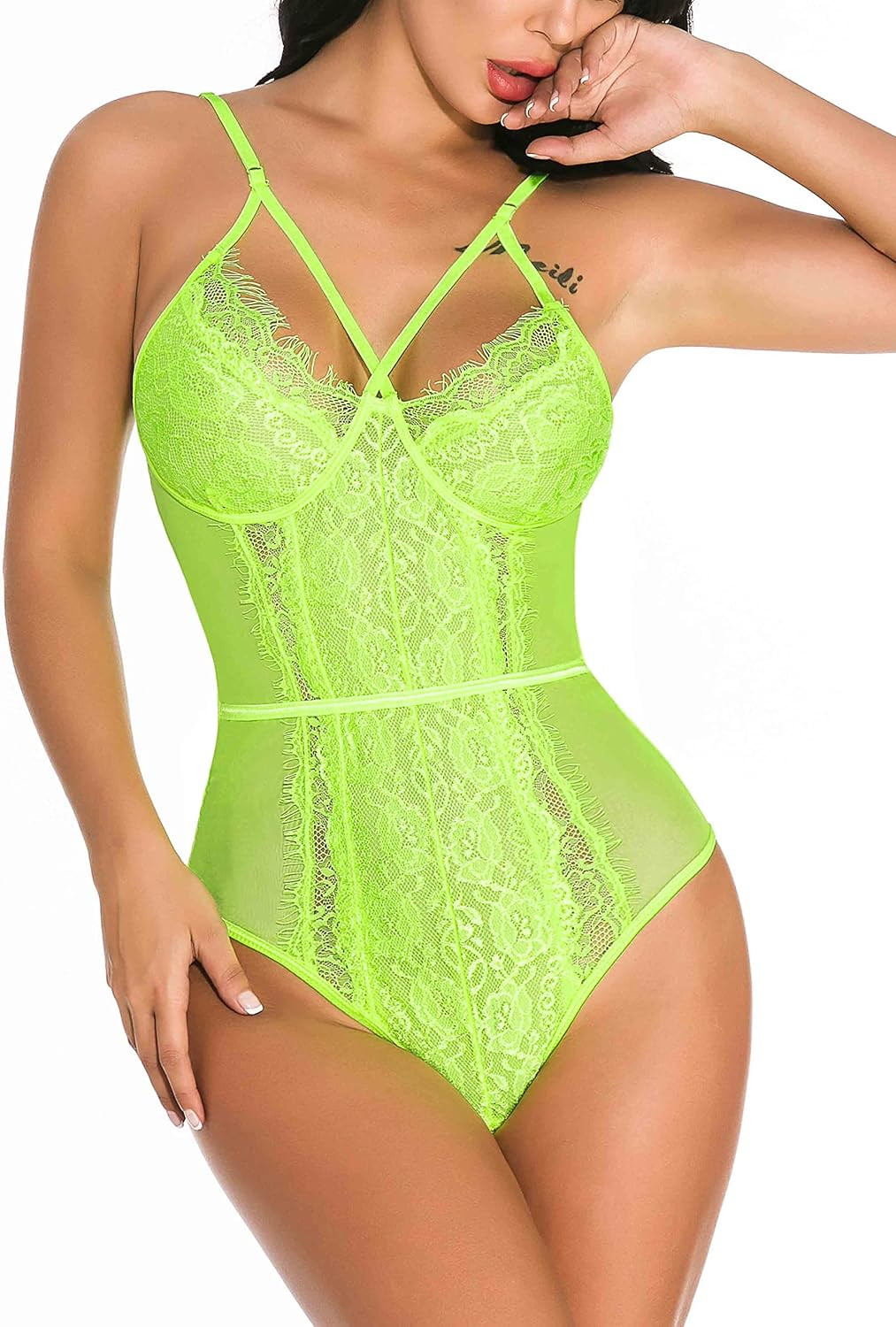 Aranmei Women Sexy Eyelash Lace bodysuit Snap Crotch Teddy Lingerie | Amazon (US)