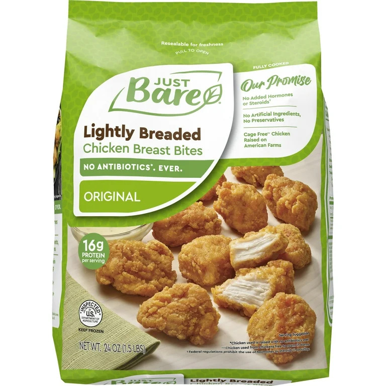 Just Bare Fully Cooked Lightly Breaded Chicken Breast Bites 1.5 lb, 16g of Protein, Serving Size ... | Walmart (US)