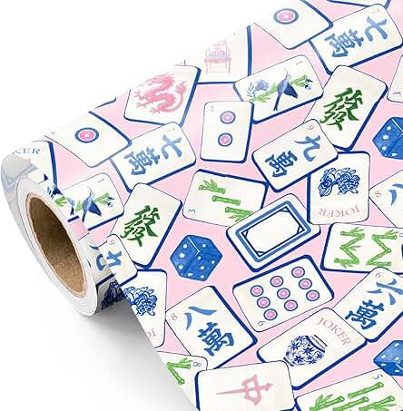 WRAPAHOLIC Mahjong Wrapping Paper Roll - Mini Roll - 17 Inch x 16.5 Feet - Pink and Chinoiserie Blue Mahjong Funny Wrapping Paper for Birthday, Wedding, Bridal Shower | Amazon (US)