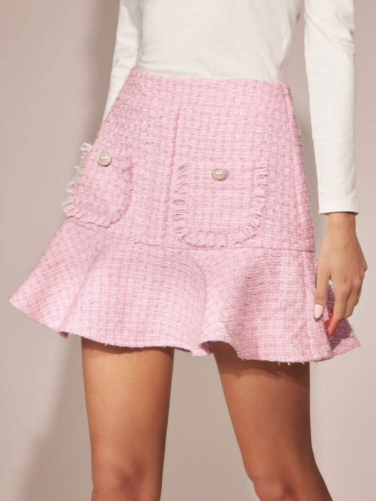 Enchnt Fall/Winter Romantic Women's Pink Fancy Yarn Fringed Tweed Exquisite Pearl Buttons Decor Ruffle Hem Princess Cute Mini Skirt,Chic&Elegant&Fashionable For Party&Date&Holiday&Graduation&Going Out&Halloween&Christmas,Autumn ,New Years Women | SHEIN
