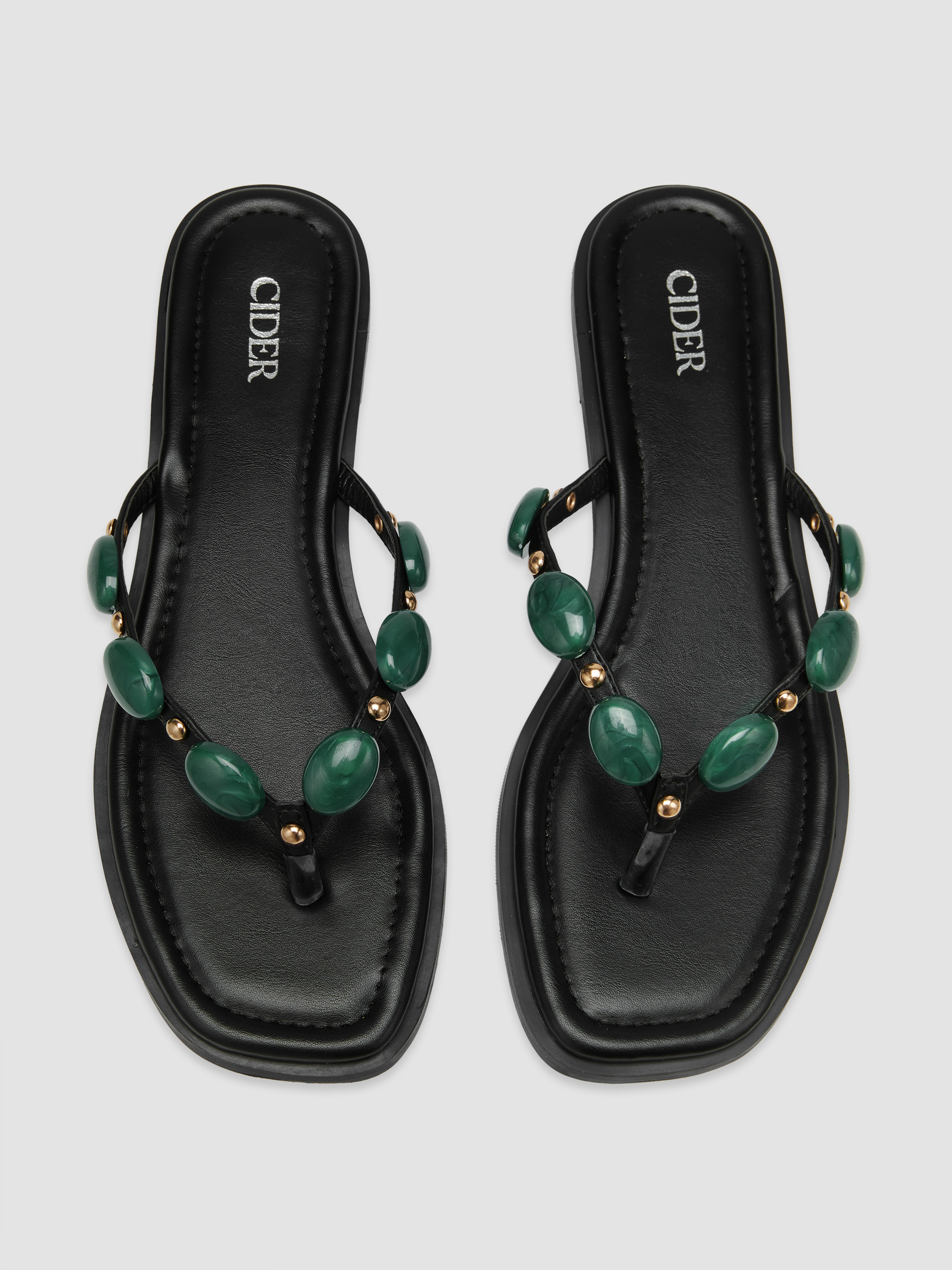 STONE STUDDED FAUX LEATHER FLIP-FLOP SLIPPERS - Cider | Cider