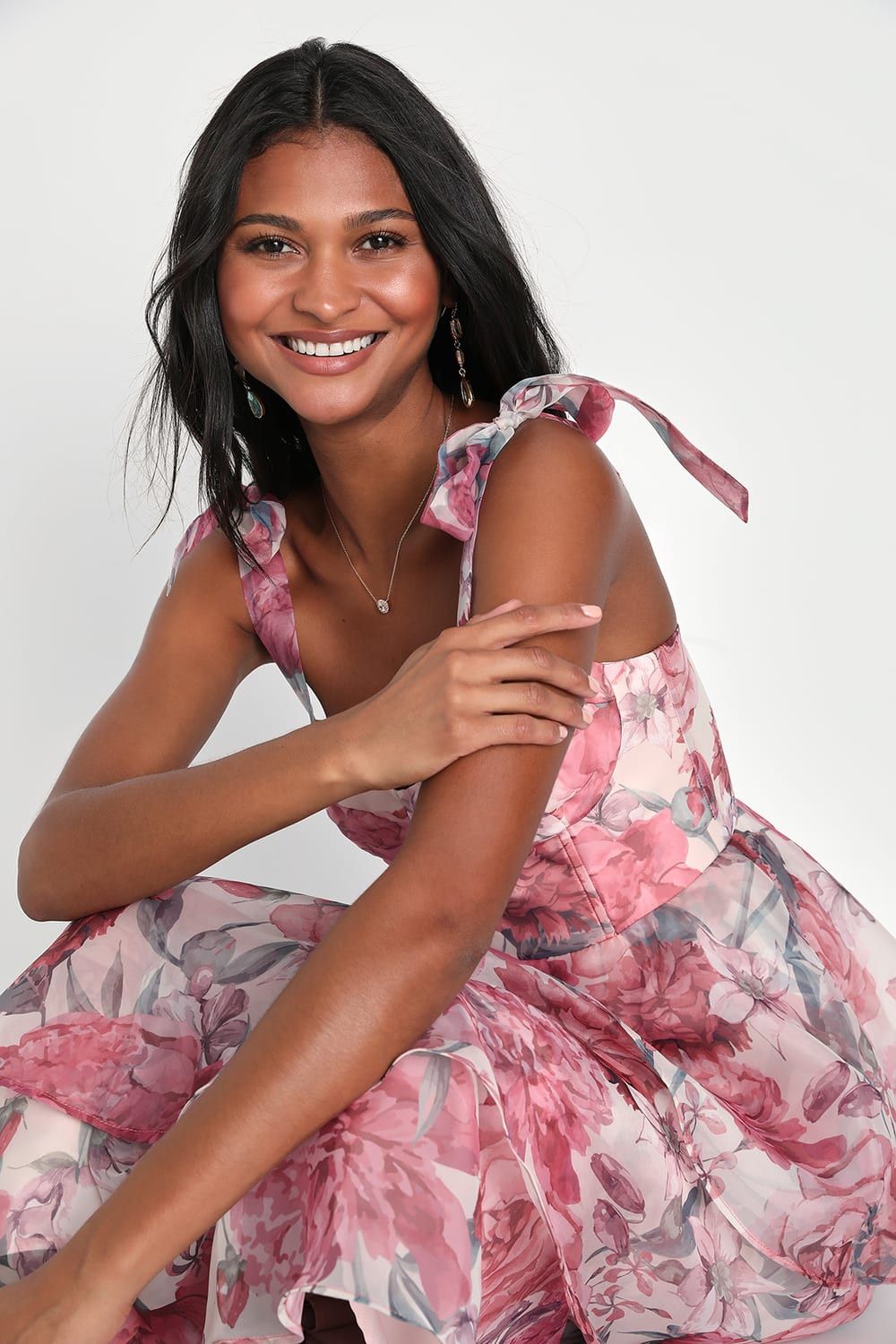 Playfully Posh Blush Floral Organza Tie-Strap Tiered Midi Dress | Lulus (US)