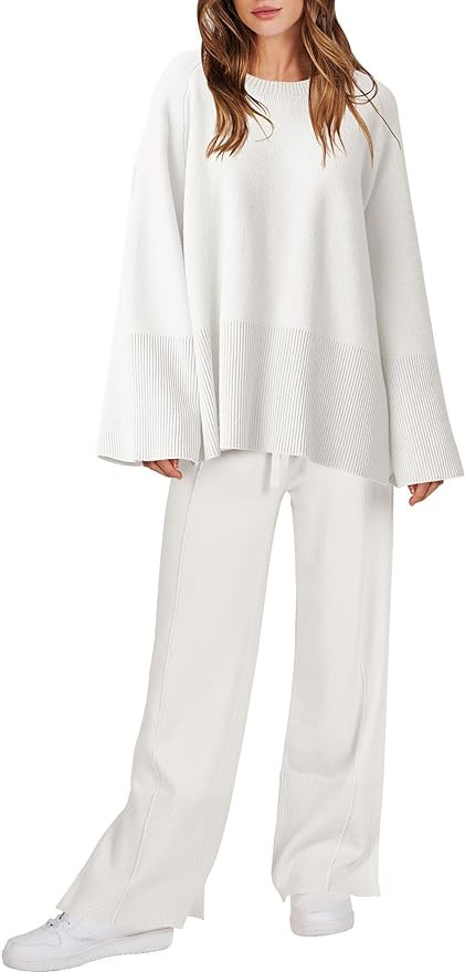 ANRABESS Women 2 Piece Outfits Sweatsuit Oversized Knit Pullover and Drawstring Wide Leg Pants Sw... | Amazon (US)