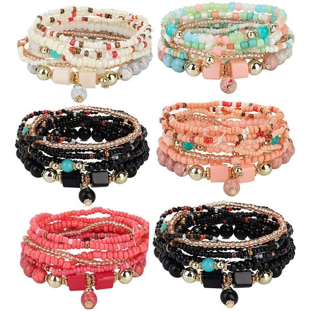 Jstyle 6 Sets Bohemian Stackable Bead Bracelets for Women Stretch Multilayered Bracelet Set Multi... | Walmart (US)