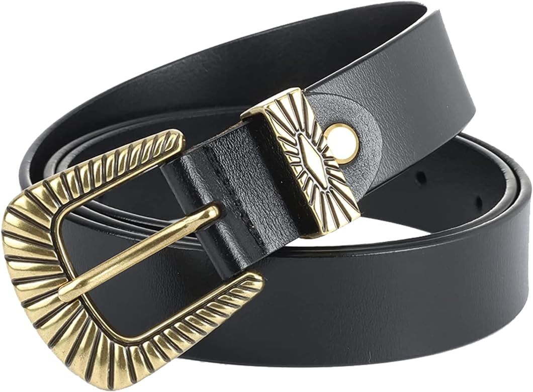 IWFTC Belts for Women Women's Belts for Jeans Silver Gold Buckle Leather Belts Black Western Belt Je | Amazon (US)
