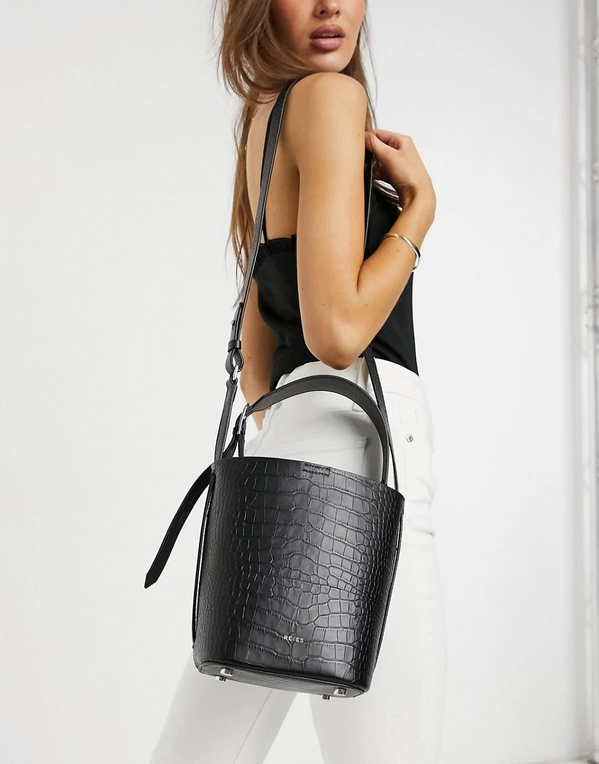 Reiss hudson mini bucket bag in black croc | ASOS (Global)