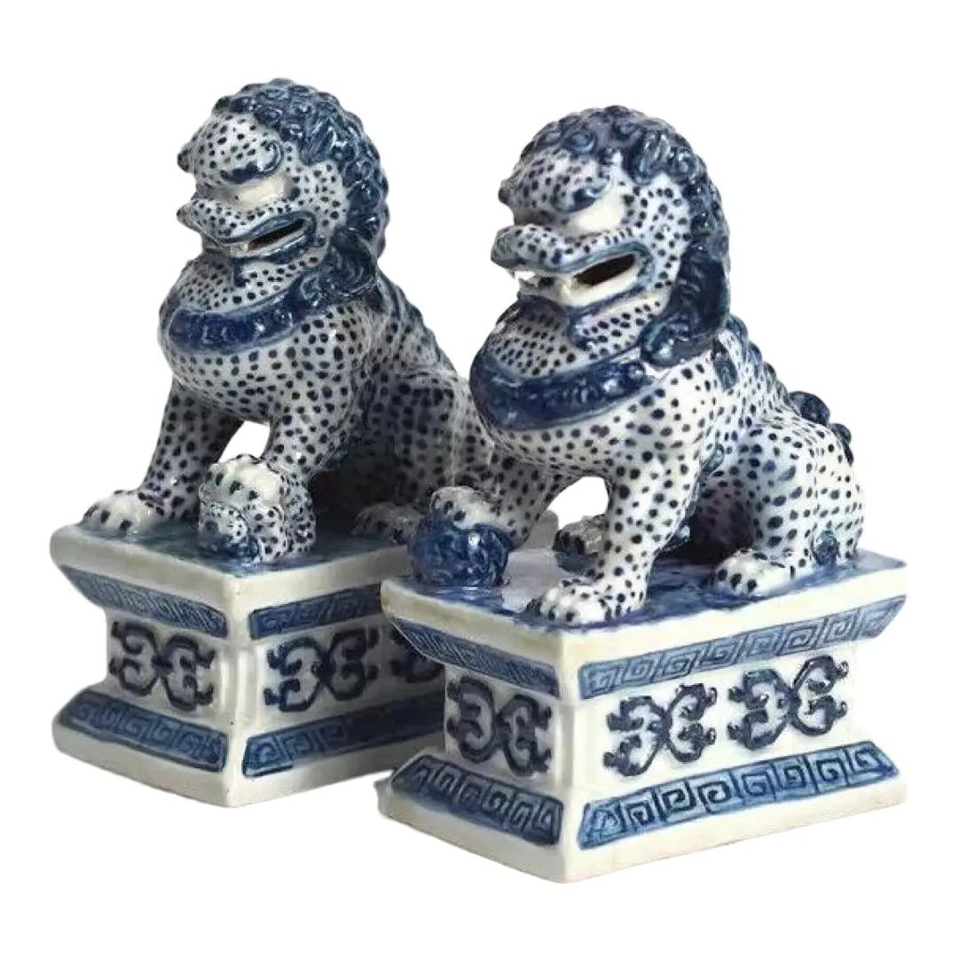 Foo-Style Dogs in Blue and White, Mini - a Pair | Chairish