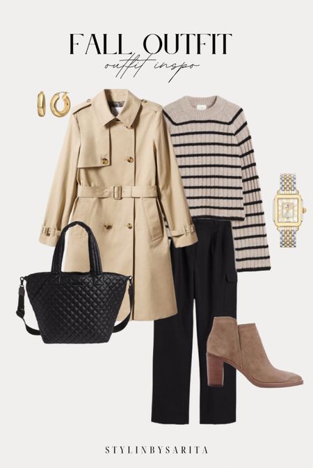 Trench coat, trench coat outfits, striped sweater, fall boots, tote bag, black trousers, trouser outfits, striped sweater outfit, outfit ideas, casual outfit 

#LTKstyletip #LTKSeasonal #LTKunder50