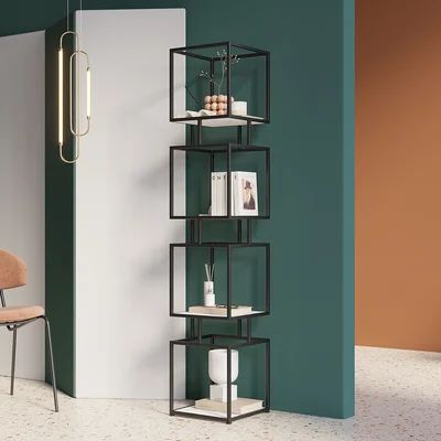 Free Shipping on Modern Black Cube Bookcase with Metal 4-Tier Bookshelf Tower Display Tall Shelf... | Homary