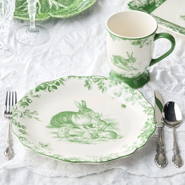 Green Floral Bunny Dinner Plate Set of 4 | Antique Farm House