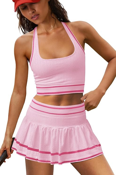 LAMISSCHE Seamless Athletic Skirt Set Square Neck Tank Pleated Skort Set | Contrast Piping, Halte... | Amazon (US)