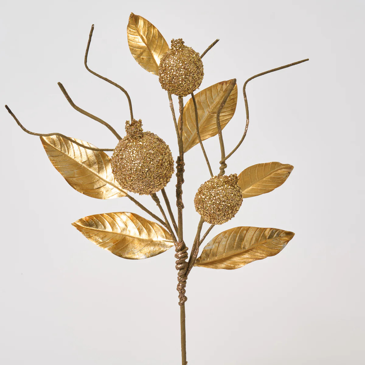 Metallic Magnolia Leaf & Sequined Pomegranate Stem Spray - 23" | Darby Creek Trading