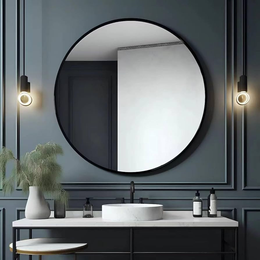 USHOWER 36" Black Round Wall Mirror - Metal Frame Circle Mirror for Bathroom, Bedroom, Living Roo... | Amazon (US)