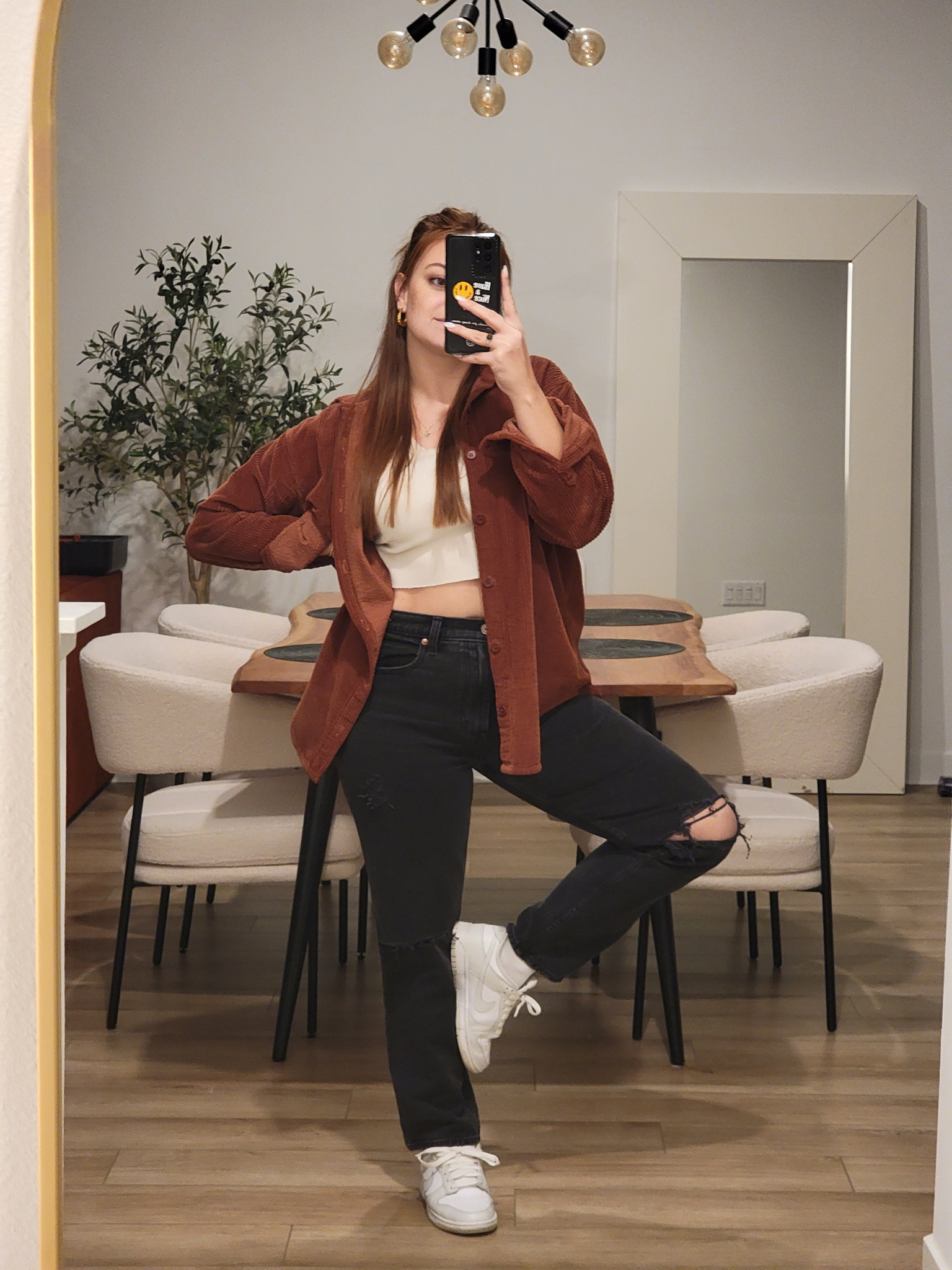 corduroy shirt, brown button up, oversized button up, cream tank top, white tank top, brandy melville tank top, abercrombie jeans, abercrombie denim, black washed denim, black jeans, white dunks, nike dunks, easy outfits, casual outfits, work outfits #LTKoutfits 