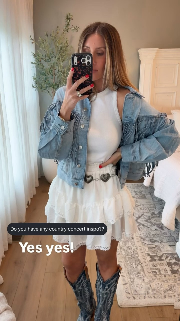 yes yes this one is such a go to. denim + white + boots is always a win and the belt pulls it all together for that effortless country concert look

country concert outfit, denim jacket outfit, white skirt outfit, western style, cowgirl boots outfit, themominstyle

#LTKootd #LTKSeasonal #LTKTravel
