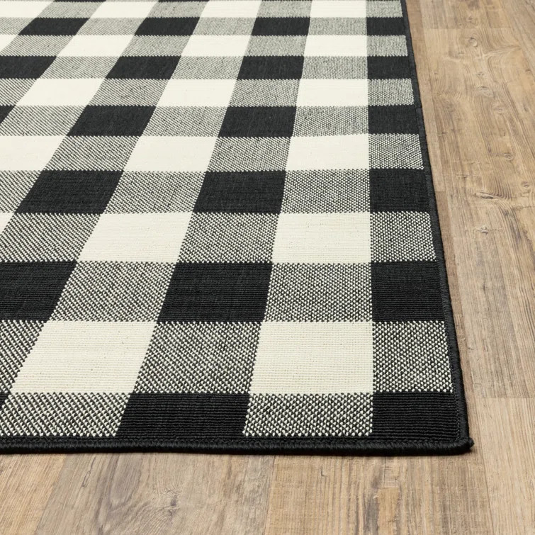 Crawfordville Plaid Indoor / Outdoor Area Rug in Black/Ivory | Wayfair North America