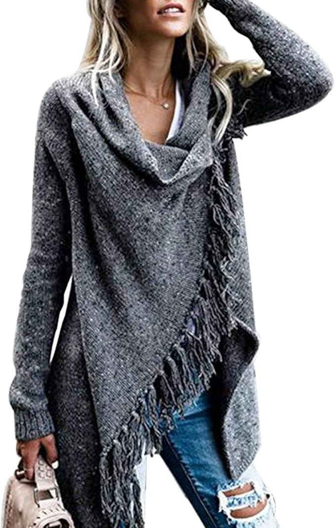 CEASIKERY Women's Tassel Hem Sweater Long Cardigan Knitwer Pullover Poncho Coat | Amazon (US)