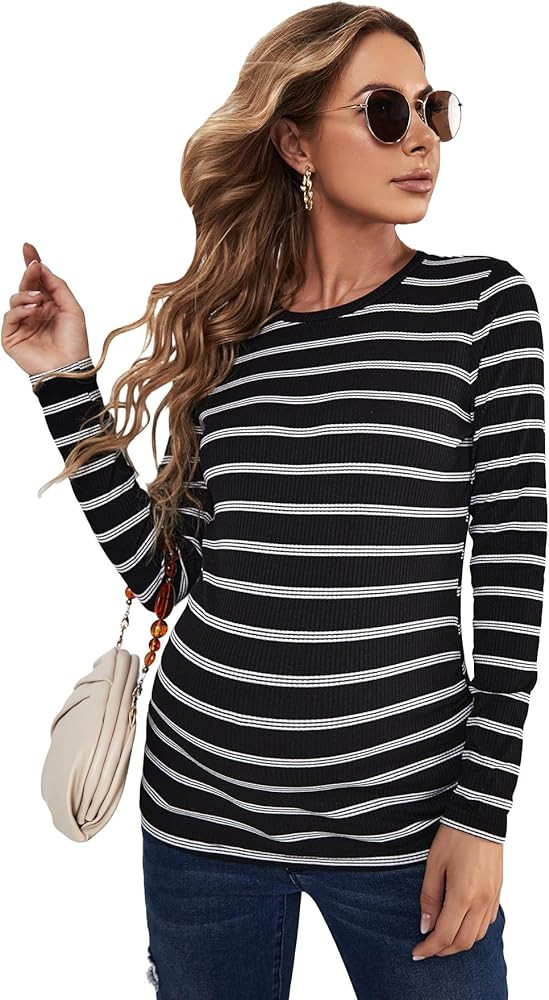 SOLY HUX Women's Maternity Striped Long Sleeve T Shirts Round Neck Casual Tee Tops | Amazon (US)