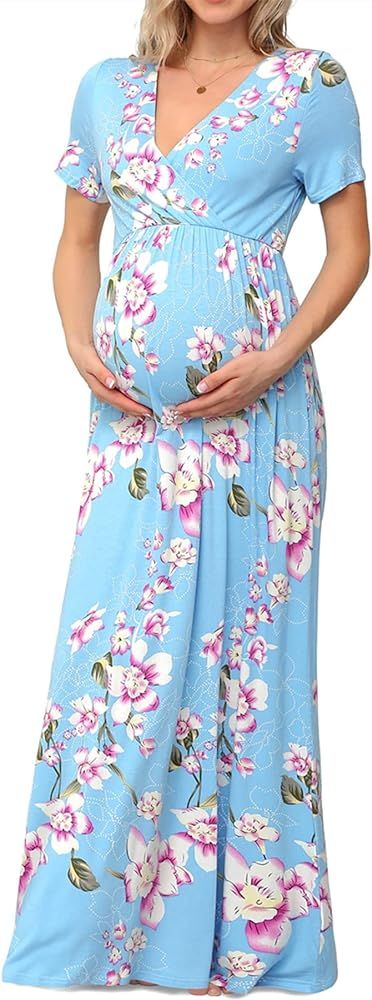 Xpenyo Maternity Maxi Dress Women Casual Wrap Long Baby Shower Pregnancy Dresses | Amazon (US)