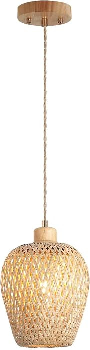 Bamboo Pendant Light Fixture One-Light Adjustable Boho Basket Handmade Woven Mini Pendant Lightin... | Amazon (US)