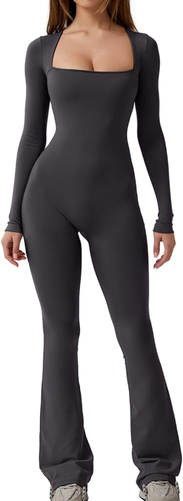 QINSEN Long Sleeve Jumpsuits for Women Square Neck Wide Leg Full Length Romper Playsuit | Amazon (US)