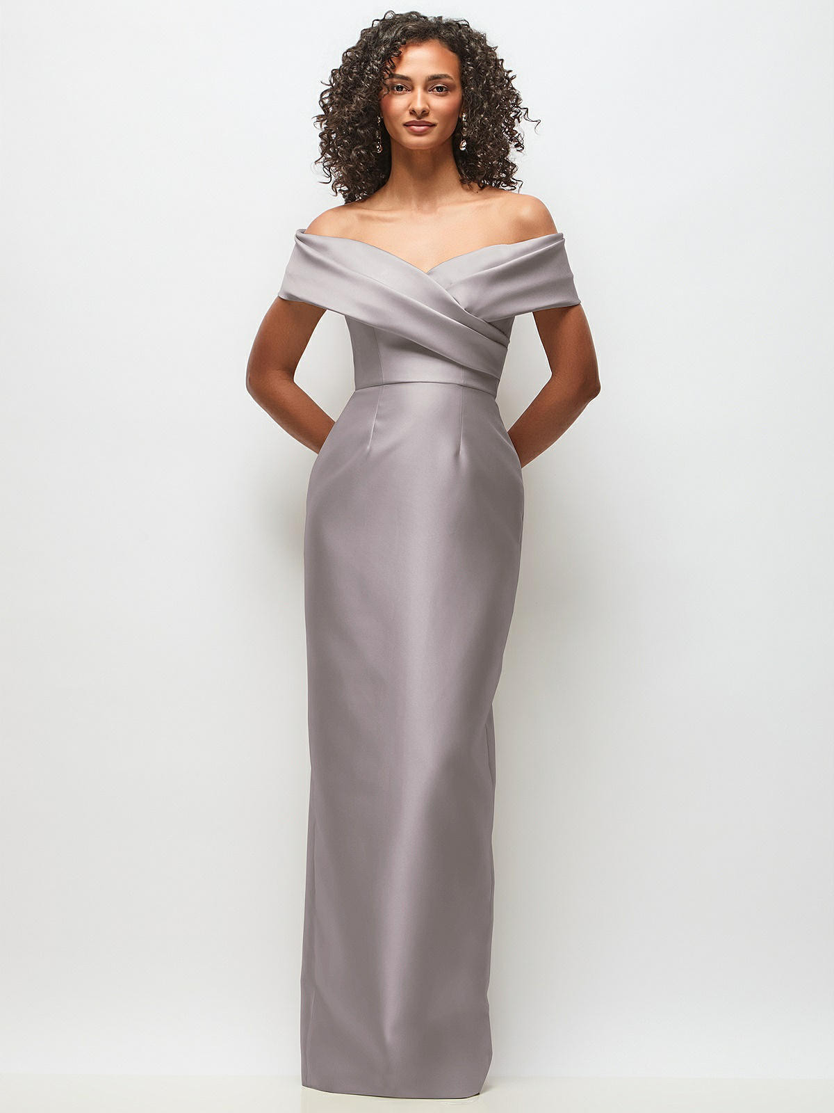 Draped Wrap Off-the-Shoulder Satin Column Floral Maxi Dress in Cashmere Gray | Dessy Group