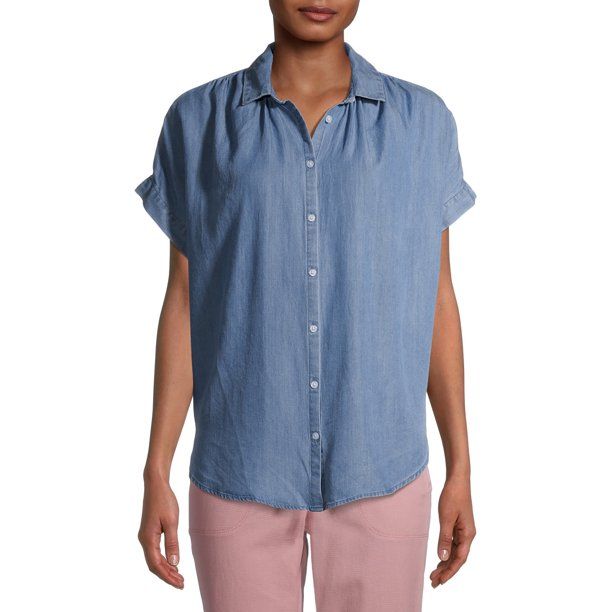 Time and Tru Women's Short Sleeve Button Front Shirt | Walmart (US)
