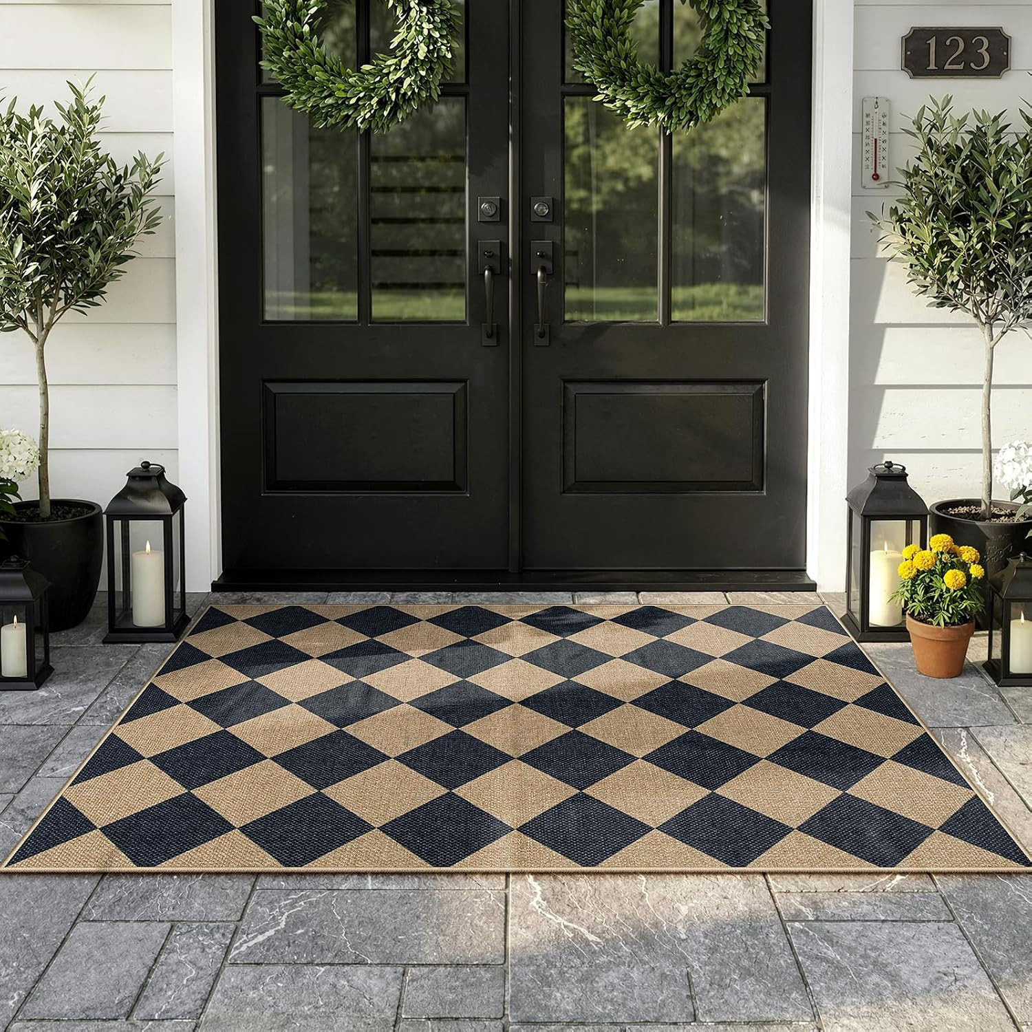Lahome Checkered Easy Jute 3x5 Entryway Front Porch Rug, Black Diamond Indoor Outdoor Patio Layering Rug, Washable Farmhouse Neutral Non Slip Non Shedding Door Carpet for Backyard Blacony | Amazon (US)