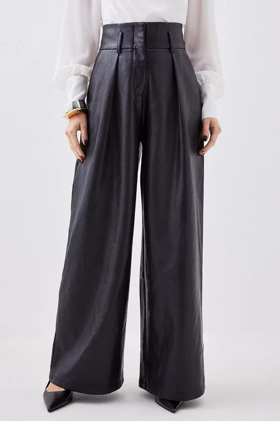 Petite Faux Leather High Waisted Wide Leg Trousers | Karen Millen UK + IE + DE + NL